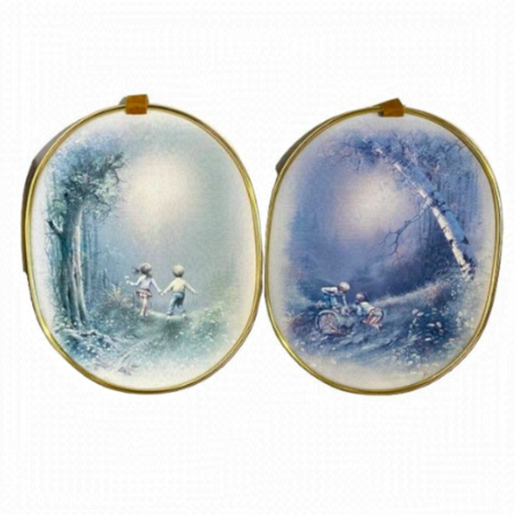 Vintage Pastel Boy Girl Countryside Prints Boho Gallery Wall Oval Gold Frames - Picture 2 of 8